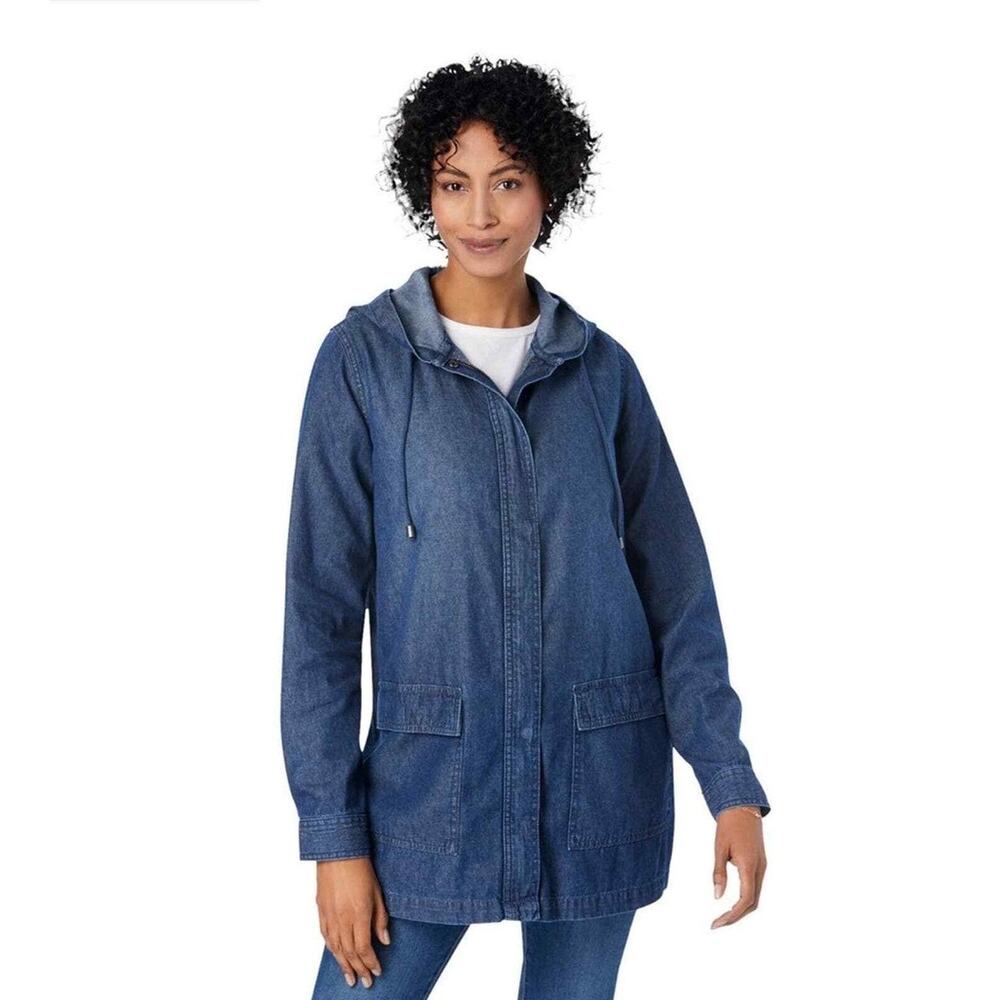 Woman Within Blue Denim Lightweight Hooded Long Oversized Jacket Coat Size 3X